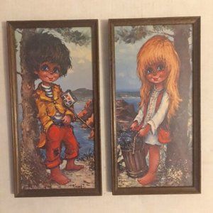Set of Two Michael Thomas Big Eyes Kids Prints Framed Under Glass 1960s Vintage